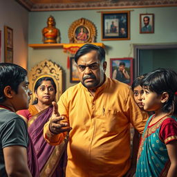 A depiction of a tense family argument in an Indian household with a middle-aged Indian man expressing anger towards his four family members