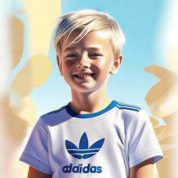 A high-quality digital art image showcasing a boy with blond hair, wearing an Adidas shirt