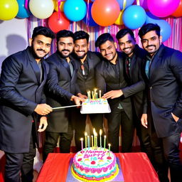A vibrant birthday theme party featuring five cricketers: Jasprit Bumrah, Ravindra Jadeja, RP Singh, Glenn Phillips, and Shreyas Iyer