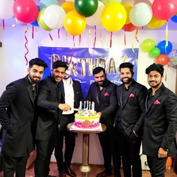 A vibrant birthday theme party featuring five cricketers: Jasprit Bumrah, Ravindra Jadeja, RP Singh, Glenn Phillips, and Shreyas Iyer