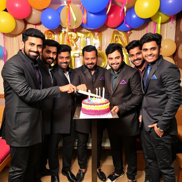 A vibrant birthday theme party featuring five cricketers: Jasprit Bumrah, Ravindra Jadeja, RP Singh, Glenn Phillips, and Shreyas Iyer