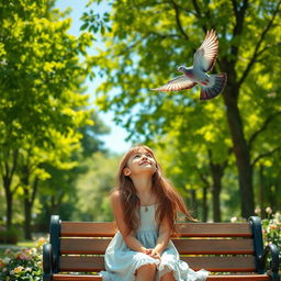 A serene scene in a park featuring a girl with long, flowing hair, sitting on a wooden bench
