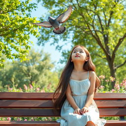 A serene scene in a park featuring a girl with long, flowing hair, sitting on a wooden bench
