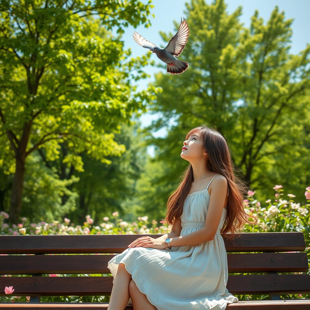 A serene scene in a park featuring a girl with long, flowing hair, sitting on a wooden bench