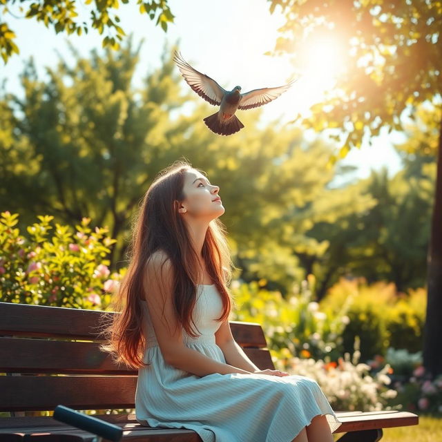 A serene scene in a park featuring a girl with long, flowing hair, sitting on a wooden bench