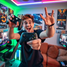 A dynamic scene featuring a person striking a fun pose as if they are ecstatic about playing Xbox