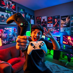A dynamic scene featuring a person striking a fun pose as if they are ecstatic about playing Xbox