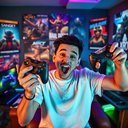 A dynamic scene featuring a person striking a fun pose as if they are ecstatic about playing Xbox