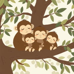 A group of cute little brown monkeys with slightly tired expressions sitting together in the branches of a tree