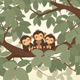 A group of cute little brown monkeys with slightly tired expressions sitting together in the branches of a tree