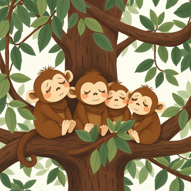 A group of cute little brown monkeys with slightly tired expressions sitting together in the branches of a tree