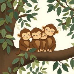 A group of cute little brown monkeys with slightly tired expressions sitting together in the branches of a tree