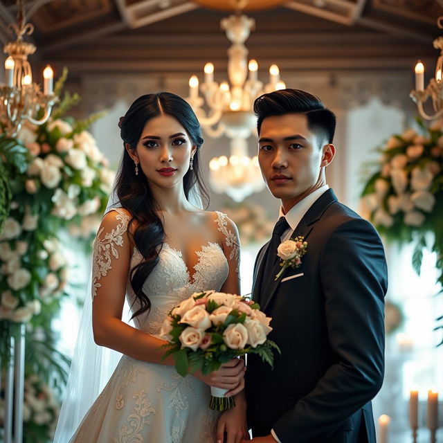 A tall bride with striking green eyes and long black hair, wearing an elegant wedding dress adorned with delicate lace and floral patterns, and a tall groom with short black hair, prominent black eyebrows, and deep black eyes, wearing a classic tailored suit