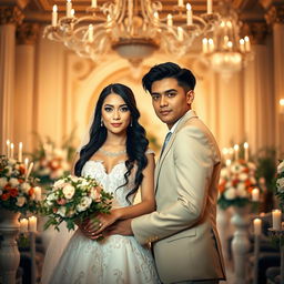 A tall bride with striking green eyes and long black hair, wearing an elegant wedding dress adorned with delicate lace and floral patterns, and a tall groom with short black hair, prominent black eyebrows, and deep black eyes, wearing a classic tailored suit