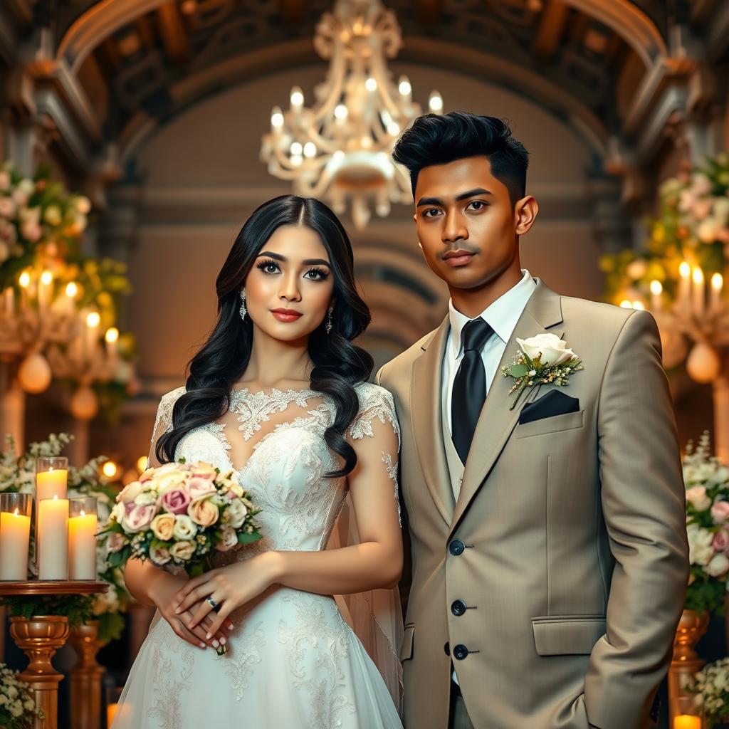 A tall bride with striking green eyes and long black hair, wearing an elegant wedding dress adorned with delicate lace and floral patterns, and a tall groom with short black hair, prominent black eyebrows, and deep black eyes, wearing a classic tailored suit