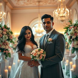 A tall bride with striking green eyes and long black hair, wearing an elegant wedding dress adorned with delicate lace and floral patterns, and a tall groom with short black hair, prominent black eyebrows, and deep black eyes, wearing a classic tailored suit