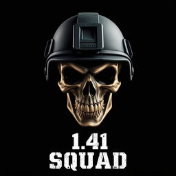 An impactful image featuring a skull adorned with a modern military helmet, prominently set against a deep black background
