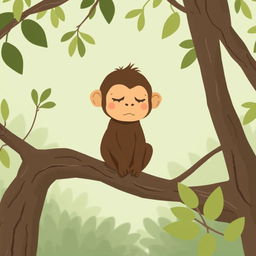 A cute little brown monkey with a slightly tired expression sitting on a branch of a tree