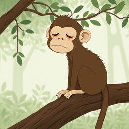 A cute little brown monkey with a slightly tired expression sitting on a branch of a tree