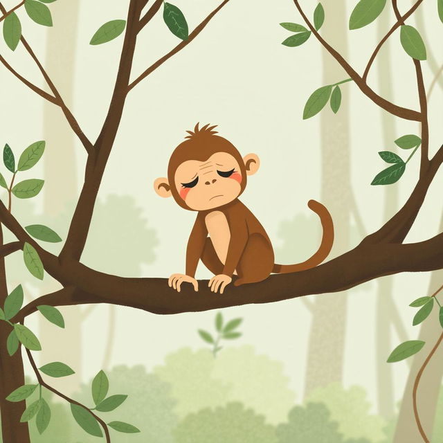 A cute little brown monkey with a slightly tired expression sitting on a branch of a tree