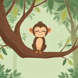 A cute little brown monkey with a slightly tired expression sitting on a branch of a tree
