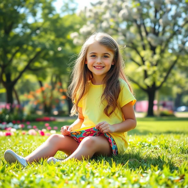 A playful scene depicting a young girl in a sunny park, sitting on the grass while pulling up her colorful, patterned shorts playfully over her legs