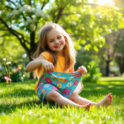 A playful scene depicting a young girl in a sunny park, sitting on the grass while pulling up her colorful, patterned shorts playfully over her legs