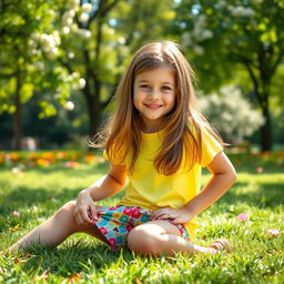 A playful scene depicting a young girl in a sunny park, sitting on the grass while pulling up her colorful, patterned shorts playfully over her legs