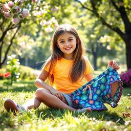 A playful scene depicting a young girl in a sunny park, sitting on the grass while pulling up her colorful, patterned shorts playfully over her legs