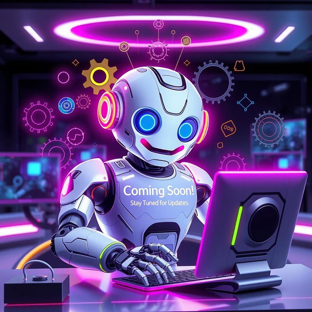 A futuristic robot with a playful expression, actively working on a computer with a 'Website Coming Soon! Stay Tuned for Updates