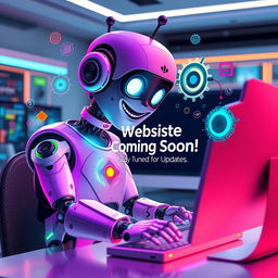 A futuristic robot with a playful expression, actively working on a computer with a 'Website Coming Soon! Stay Tuned for Updates
