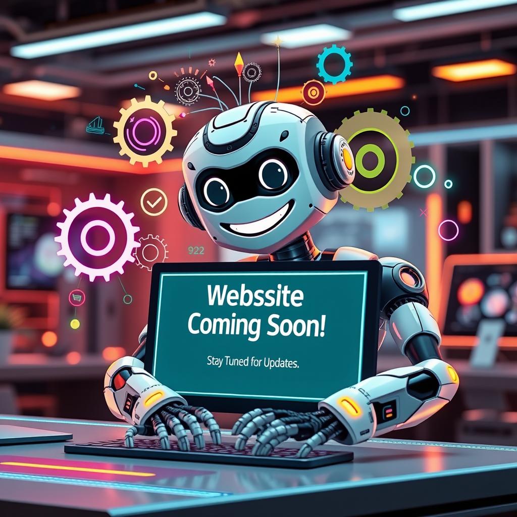 A futuristic robot with a playful expression, actively working on a computer with a 'Website Coming Soon! Stay Tuned for Updates