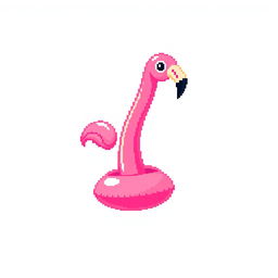 A vibrant pixel art representation of a colorful inflatable flamingo, depicted on a clean white background