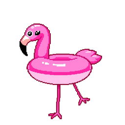 A vibrant pixel art representation of a colorful inflatable flamingo, depicted on a clean white background