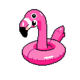A vibrant pixel art representation of a colorful inflatable flamingo, depicted on a clean white background