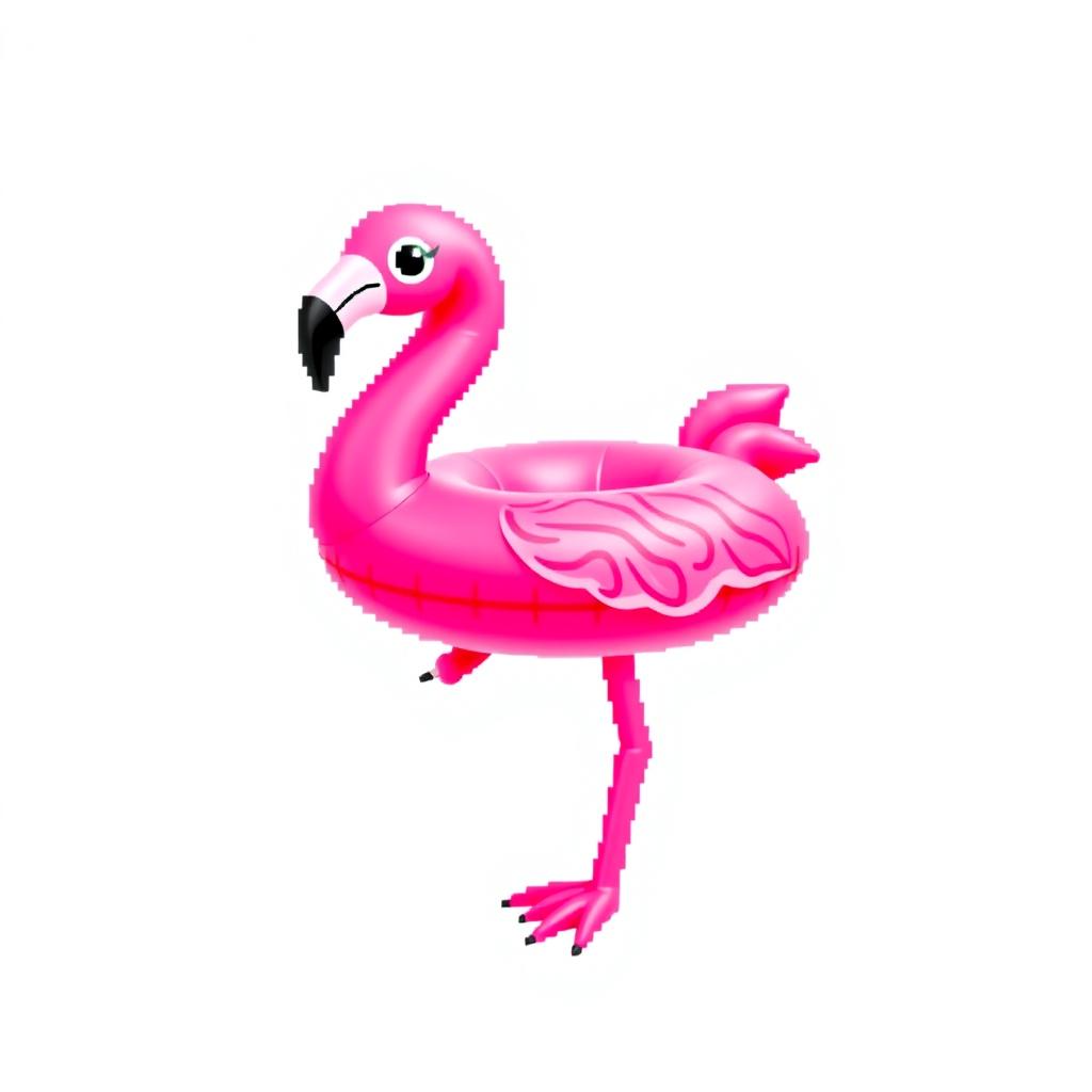 A vibrant pixel art representation of a colorful inflatable flamingo, depicted on a clean white background