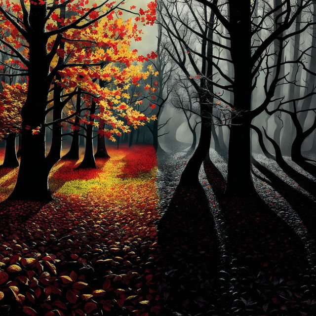 This digital art image portrays an eerie forest scene divided into two contrasting sides