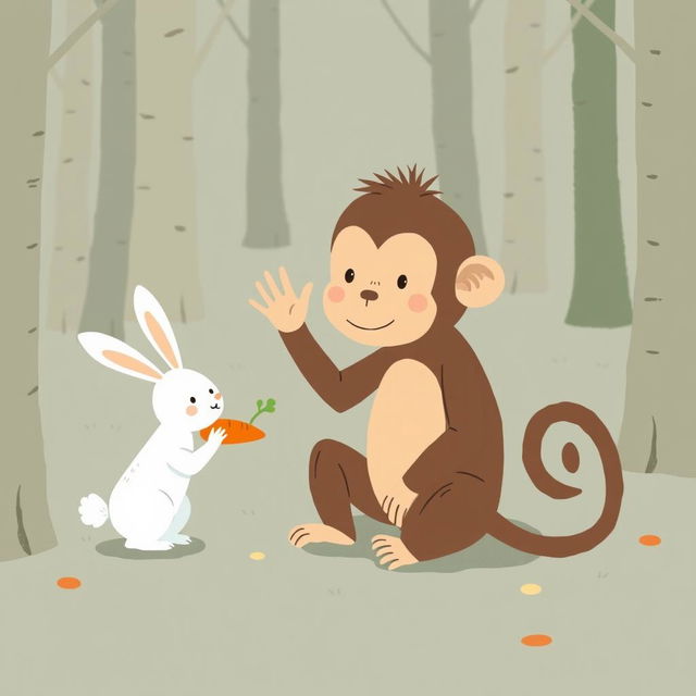 A cute little brown monkey sitting on the ground, waving with one hand