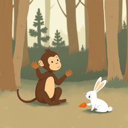 A cute little brown monkey sitting on the ground, waving with one hand