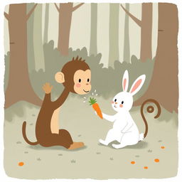 A cute little brown monkey sitting on the ground, waving with one hand