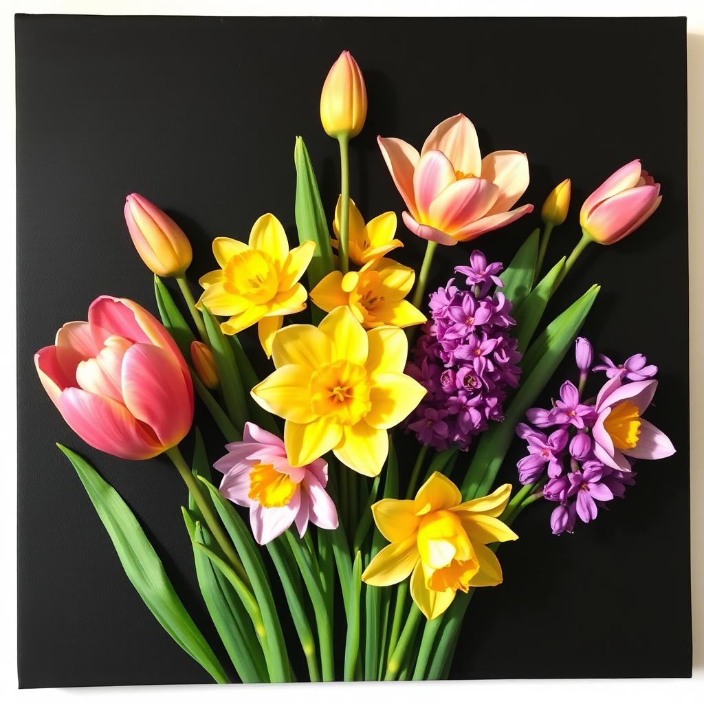 A vibrant arrangement of spring flowers such as tulips, daffodils, and hyacinths, skillfully painted on a sleek black canvas