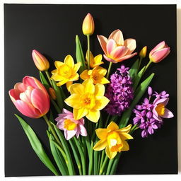 A vibrant arrangement of spring flowers such as tulips, daffodils, and hyacinths, skillfully painted on a sleek black canvas