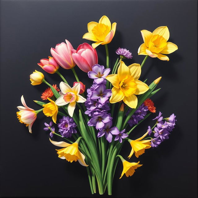 A vibrant arrangement of spring flowers such as tulips, daffodils, and hyacinths, skillfully painted on a sleek black canvas