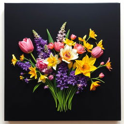 A vibrant arrangement of spring flowers such as tulips, daffodils, and hyacinths, skillfully painted on a sleek black canvas