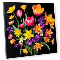 A vibrant arrangement of spring flowers such as tulips, daffodils, and hyacinths, skillfully painted on a sleek black canvas