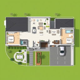 A detailed architectural map of a modern house, showcasing a spacious layout with three bedrooms, an open-plan kitchen and living area, two bathrooms, a garage, and a backyard
