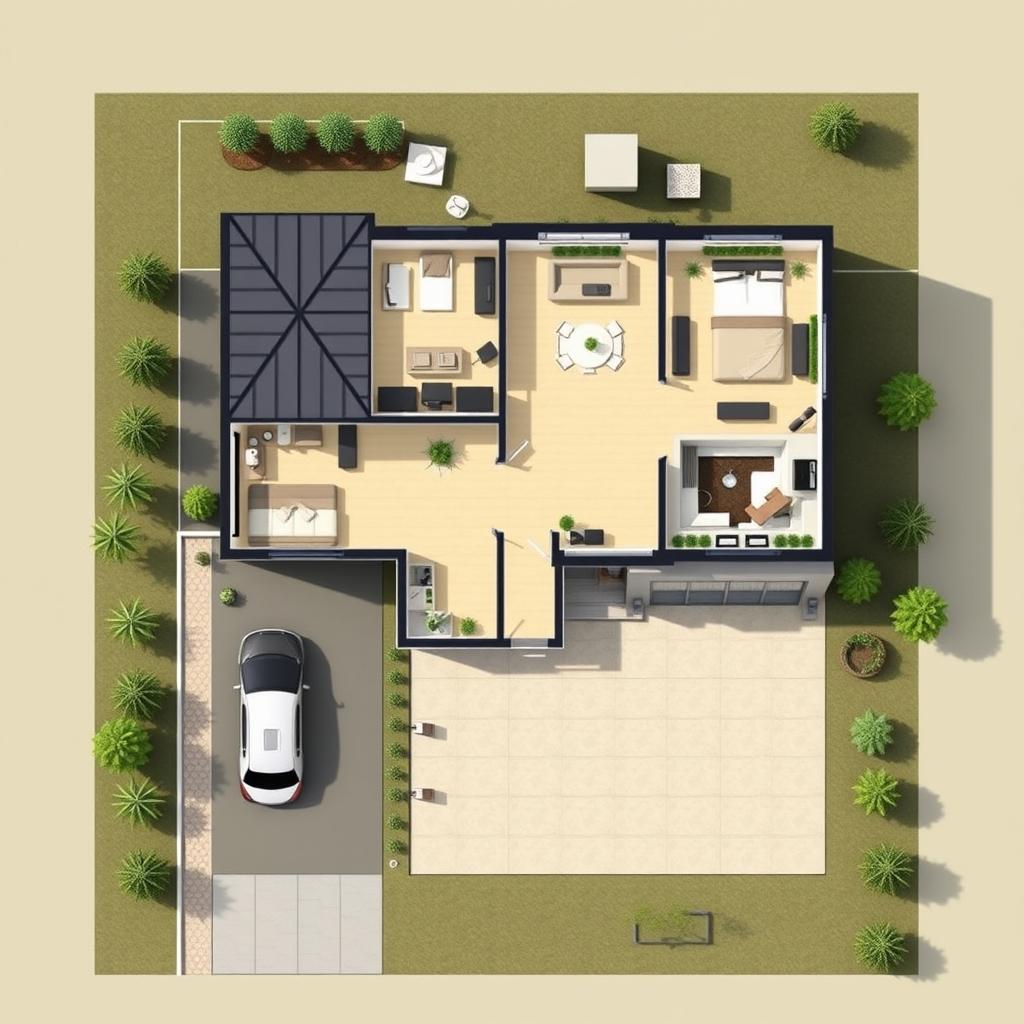 A detailed architectural map of a modern house, showcasing a spacious layout with three bedrooms, an open-plan kitchen and living area, two bathrooms, a garage, and a backyard