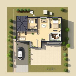A detailed architectural map of a modern house, showcasing a spacious layout with three bedrooms, an open-plan kitchen and living area, two bathrooms, a garage, and a backyard
