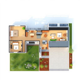 A detailed architectural map of a modern house, showcasing a spacious layout with three bedrooms, an open-plan kitchen and living area, two bathrooms, a garage, and a backyard