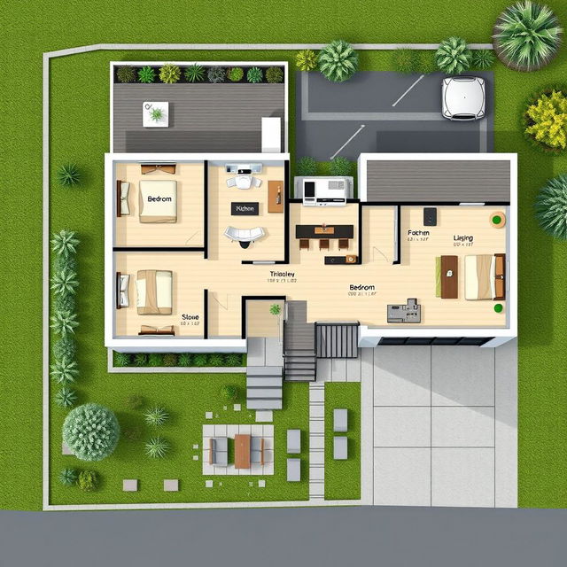 A detailed architectural map of a modern house, showcasing a spacious layout with three bedrooms, an open-plan kitchen and living area, two bathrooms, a garage, and a backyard